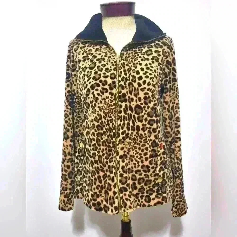 Jones studio leopard print velour zip up jacket. Size small